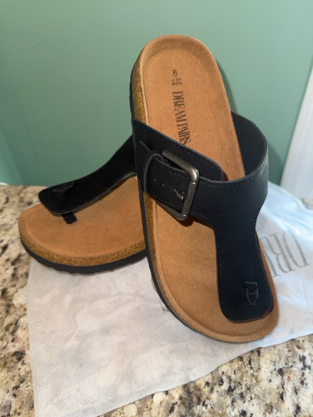 Dream Pairs Black Thong Cork Slide Sandals with Suede Leather Insole